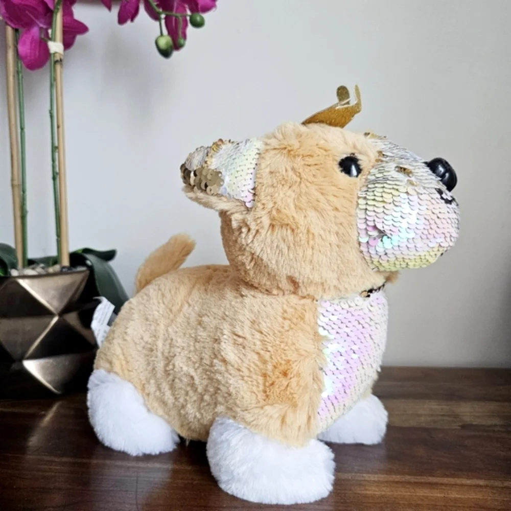 NWT Justice Corgi Plush Flip Sequin Puppy Gold Crown Cute Stuffed Dog